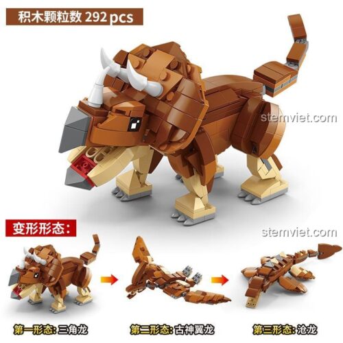 Chi tiết các dạng biến hình của bộ đồ chơi xếp hình AchKo 20023, bao gồm Khủng Long Ba Sừng, Thằn lằn bay và Thằn lằn biển.