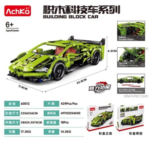 Mô hình siêu xe đua Lamborghini xanh lá AchKo 60012 với kích thước chi tiết, đồ chơi lắp ráp cho bé trai 6 tuổi.