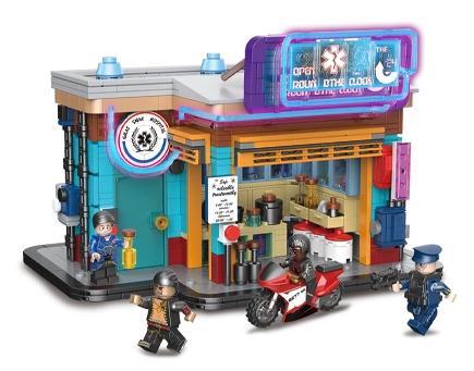 Bộ lắp ghép BrickCool KS004 Cửa hàng thuốc góc phố Cyberpunk 1270 mảnh, đồ chơi mô hình Kiến trúc Cyberpunk cho con trai 6 tuổi, giá tốt.