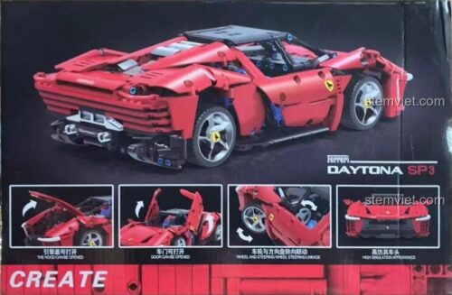 Các tính năng của bộ lắp ráp Xe đua Ferrari Daytona SP3 Buruco, bao gồm cửa cánh bướm và vô lăng xoay.