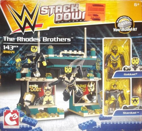 Hộp đồ chơi mô hình C3 21071 Sàn đấu WWE của Anh em nhà Rhodes. Bộ lắp ráp dành cho bé trai 6 tuổi, gồm 143 chi tiết và 2 figure Goldust và Stardust.