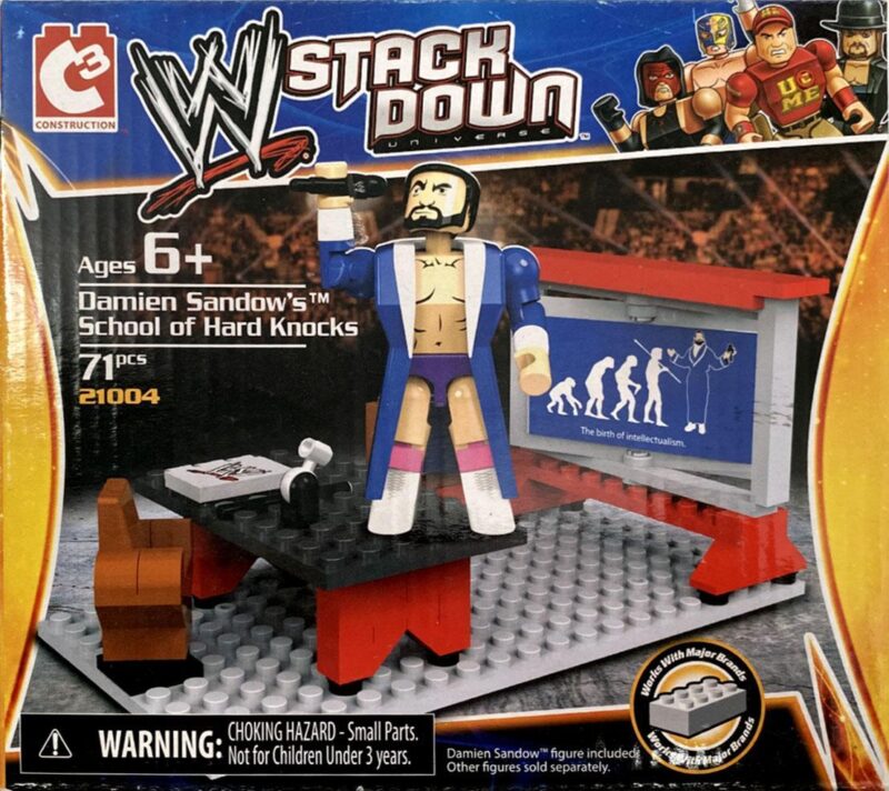 Mặt trước hộp bộ lắp ghép Đô vật WWE Damien Sandow C3 Construction 21004. Đồ chơi cho bé trai 6 tuổi, giá rẻ.