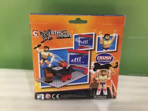 Mặt sau hộp đồ chơi mô hình Sân khấu WWE 21004. Figure Damien Sandow có 12 khớp nối linh hoạt.
