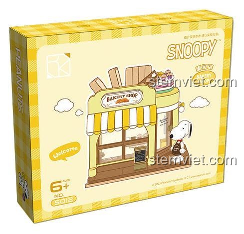 Hộp sản phẩm đồ chơi xếp hình CACO S012 Tiệm bánh của Snoopy, món quà giá rẻ cho bé gái.