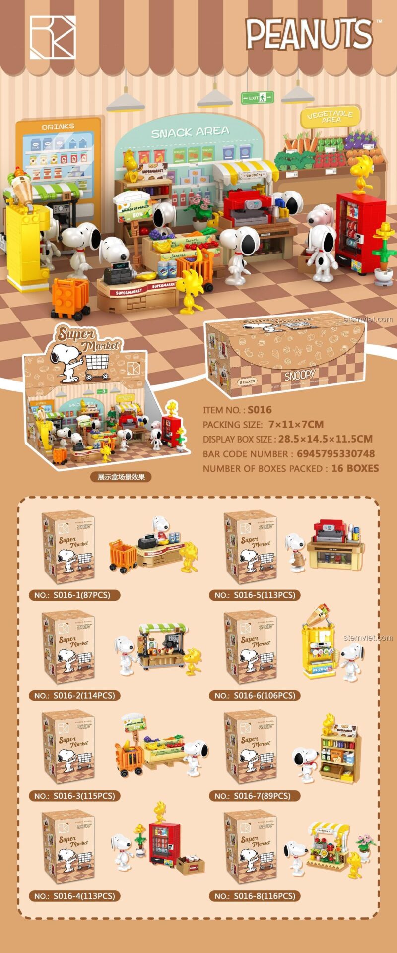 Chi tiết 8 bộ lắp ráp nhỏ trong set đồ chơi mô hình CACO S016 Siêu thị của Snoopy.