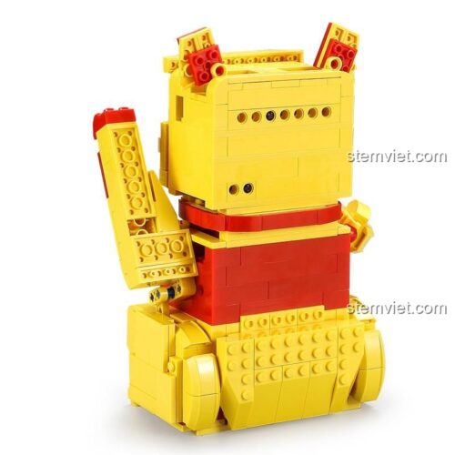 Mặt sau của mô hình Mèo Thần Tài CaDA C51037, thể hiện cấu trúc lắp ráp chắc chắn, màu vàng đỏ.