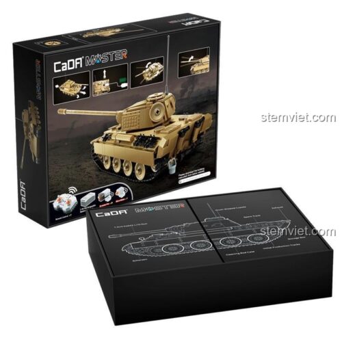 Hộp sản phẩm bộ lắp ráp CaDA C61073 Xe tăng Panther V, hiển thị hình ảnh mô hình hoàn chỉnh và các tính năng điều khiển từ xa.