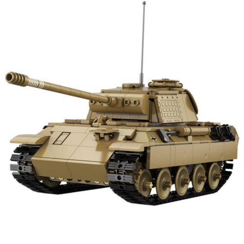 Mô hình đồ chơi lắp ráp xe tăng Panther V C61073 của CaDA với màu vàng cát sa mạc, góc nhìn chính diện, thể hiện chi tiết nòng pháo và hệ thống xích.