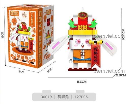 Kích thước và hộp của mô hình lắp ráp Thỏ Thần Tài CAYI 3001B, món quà Tết ý nghĩa và đáng tiền cho bé.