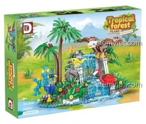 Bộ lắp ráp mô hình Khu Rừng Nhiệt Đới DK 6026 với thác nước, cây cối và các loài chim, phù hợp cho bé gái 8 tuổi.