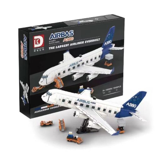 Bộ lắp ghép Máy bay Airbus A380 DK 80008, hộp sản phẩm và mô hình hoàn chỉnh, thể hiện kích thước lớn và chi tiết sống động, phù hợp cho bé trai 8 tuổi yêu thích hàng không.