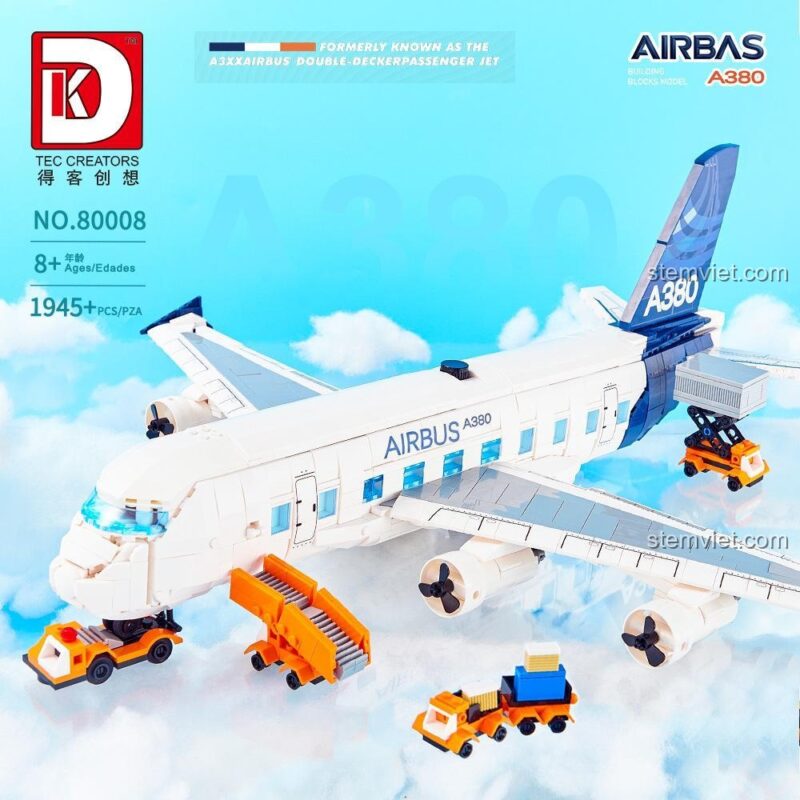 Mô hình máy bay Airbus A380 DK 80008 với các phụ kiện xe kéo, xe thang, xe chở hành lý, chi tiết cao cấp, đồ chơi mô hình lý tưởng cho bé trai 8 tuổi.