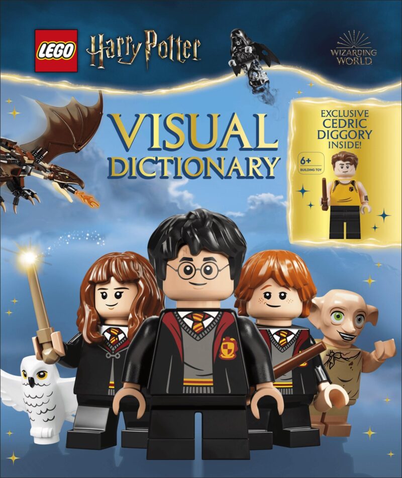 Bìa sách LEGO Harry Potter: Từ điển hình ảnh DK ISBN9780744098952 với hình ảnh Harry Potter, Hermione, Ron, Dobby, Hedwig và minifigure Cedric Diggory độc quyền, phù hợp cho bé trai và bé gái 6 tuổi, giá tốt.