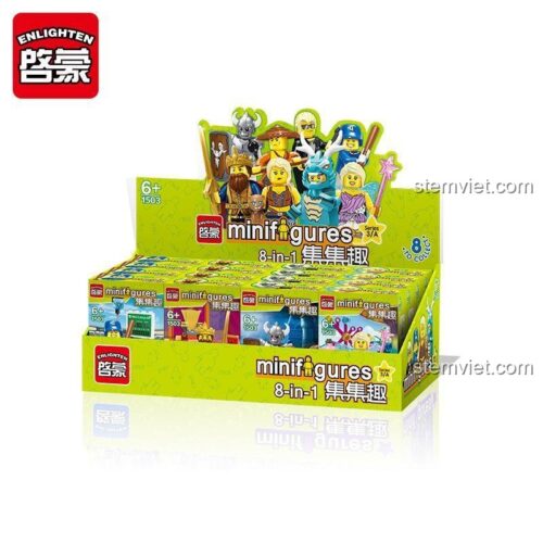 Hộp trưng bày của bộ lắp ráp Enlighten 1503A, chứa các hộp nhỏ của 8 mẫu minifigures mùa 3, món quà hấp dẫn cho trẻ 6 tuổi.