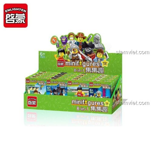 Hộp trưng bày của bộ đồ chơi Enlighten 1503B, bộ sưu tập 8 trong 1 minifigures Jiji Fun.