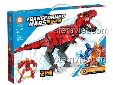 bộ lắp ghép Robot chiến thần Forange FC1023 hộp sản phẩm, mô hình khủng long bạo chúa màu đỏ và robot chiến thần, kích thước hộp 38x26x6cm, phù hợp bé trai 6 tuổi, giá tiết kiệm