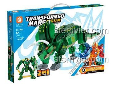 Hộp sản phẩm Forange FC1025 Chiến Thần Biến Hình Khủng Long Robot 5 Trong 1, thể hiện mô hình khủng long ba sừng xanh lá, bộ đồ chơi lắp ráp chất lượng cao cho bé trai 6 tuổi.