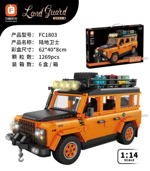 Hộp bộ đồ chơi Forange FC1803 Xe Land Guard, hiển thị thông số 1269 mảnh ghép, tỉ lệ 1:14, phù hợp bé trai 6 tuổi.