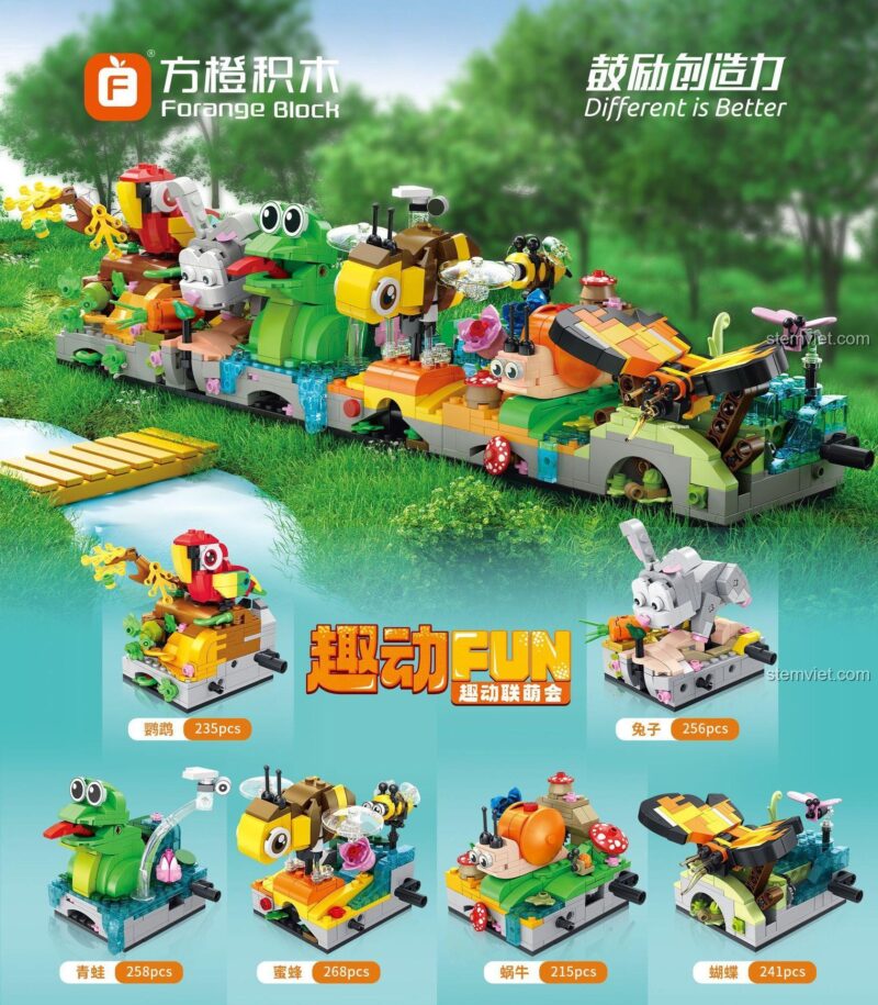Forange Block FC 8601 các mô hình động vật Q-Style kết nối thành đoàn tàu, đồ chơi lắp ráp cho bé trai bé gái 6 tuổi