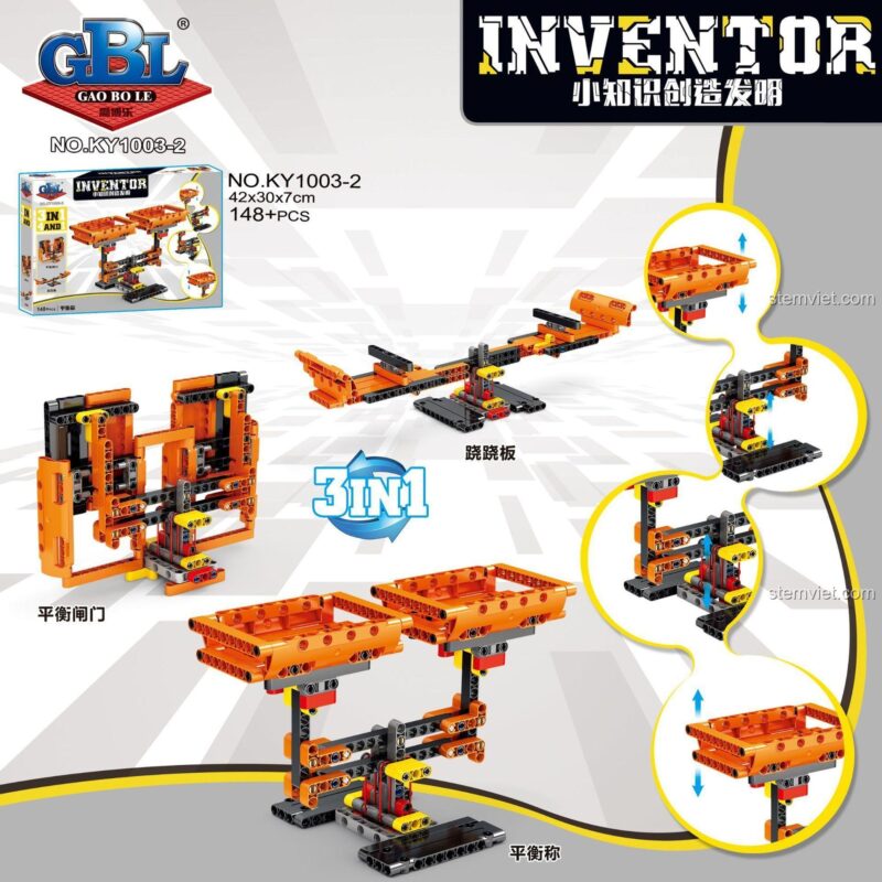 Tổng hợp bộ lắp ráp GBL KY1003 Inventor 4 trong 1, bao gồm các mô hình cơ khí sáng tạo cho bé trai 6 tuổi.