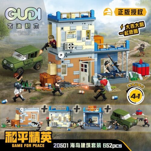 Bộ đồ chơi Kiến trúc Đảo Game for Peace GUDI 20501 với 4 mô hình kết hợp, xe jeep và 8 minifigures, tái hiện chiến trường sinh tồn kịch tính, phù hợp bé trai 6 tuổi, giá tốt.