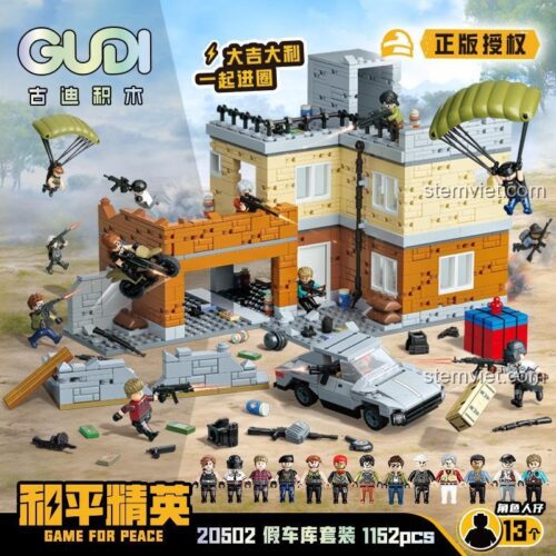 Hộp đồ chơi lắp ráp GUDI 20502 Cảnh Giả Gara Game For Peace, bộ khối lắp ghép chất lượng cao, có 13 minifigures, đáng tiền.