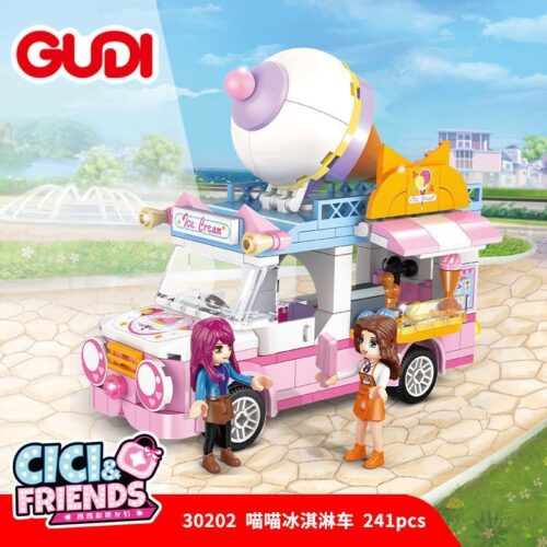 Bộ lắp ráp Xe kem mèo con GUDI 30202 cho bé gái 6 tuổi, giá rẻ, món quà mùa hè ý nghĩa.