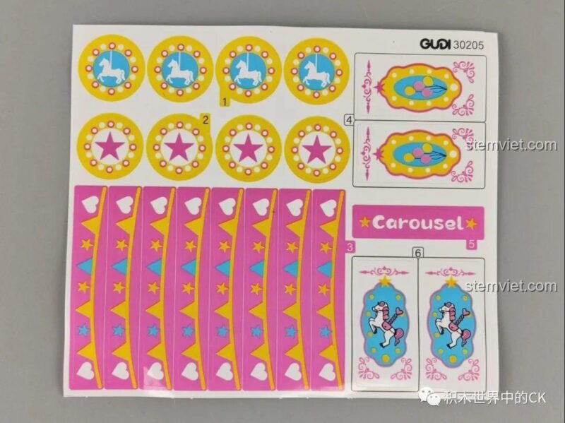 Tờ sticker để trang trí cho mô hình Vòng Quay Ngựa Gỗ GUDI 30205.