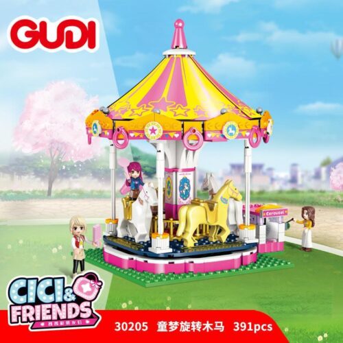 Bộ lắp ghép GUDI 30205 Vòng Quay Ngựa Gỗ Mộng Mơ cho bé gái 6 tuổi.