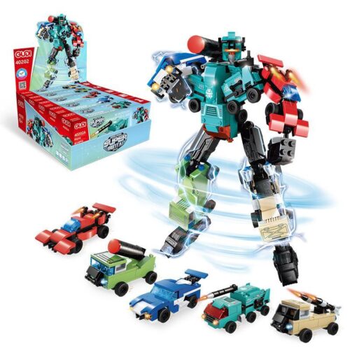 Ảnh tổng hợp bộ lắp ráp Robot Hurricane General GUDI 40202, bao gồm 5 xe chiến đấu và robot hợp thể. Đồ chơi cho bé trai 6 tuổi.