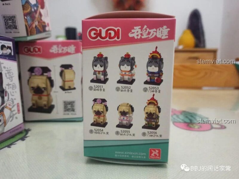 Mặt sau hộp đồ chơi GUDI 52051 Mèo Wuhuang, giới thiệu 6 mẫu trong series, đồ chơi mô hình đa dạng.