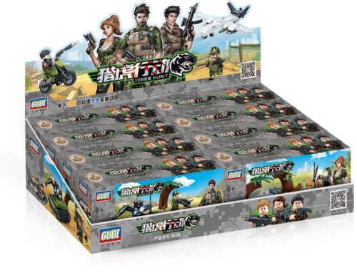 Hộp trưng bày bộ lắp ráp GUDI 8038A Xe Chiến Đấu Địa Hình ATV và các mẫu khác trong series Tiger Hunt, đồ chơi quân sự giá rẻ cho bé trai 6 tuổi.