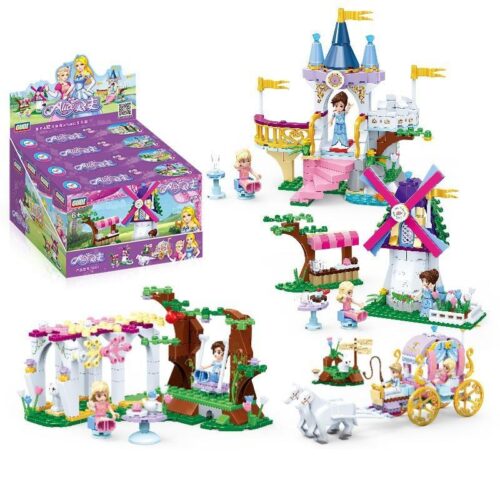 Bộ lắp ráp Thế giới công chúa cổ tích GUDI 9001A, đồ chơi xếp hình giá rẻ cho bé gái 6 tuổi, bao gồm 4 mô hình: lâu đài, xe ngựa, cối xay gió và khu vườn.