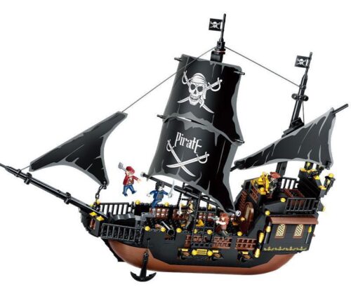 Mô hình Tàu cướp biển Black Pearl GUDI 9115 hoàn chỉnh với cánh buồm đen và các minifigure trên boong tàu, một món đồ chơi lắp ghép hấp dẫn cho con trai 6 tuổi.