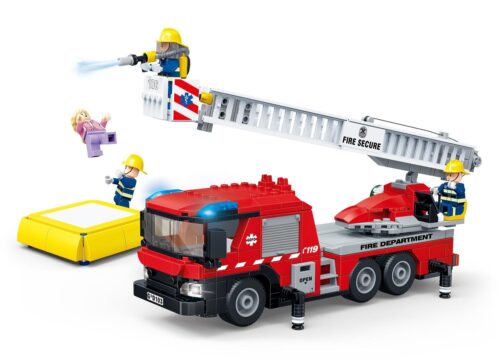 Bộ lắp ráp xe cứu hỏa thang nâng GUDI 9223 cho bé trai 6 tuổi, mô hình chi tiết với 3 lính cứu hỏa và thang nâng vươn dài, giá rẻ.