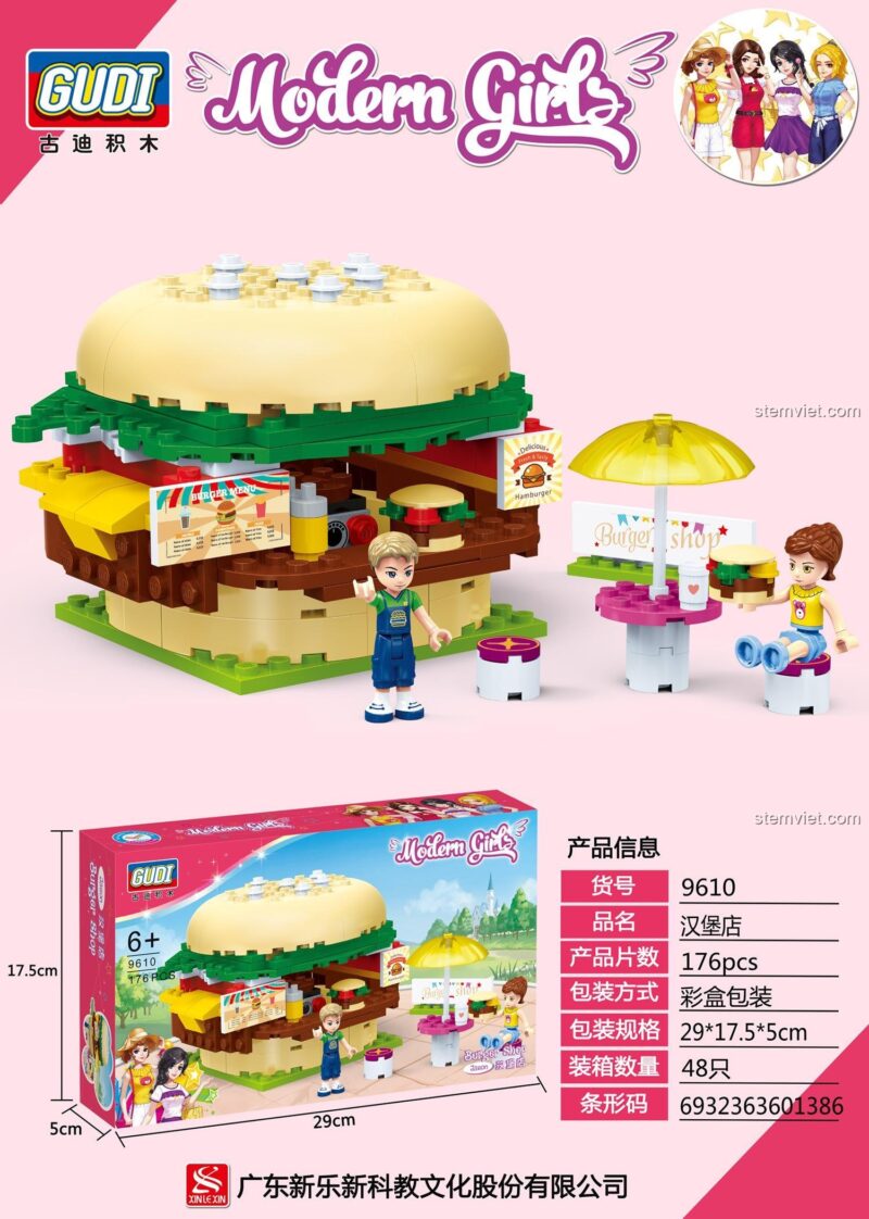Thông số kỹ thuật và kích thước hộp của bộ đồ chơi GUDI 9610 Cửa hàng hamburger. Kích thước hộp 29x17.5x5cm.