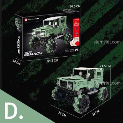 Kích thước chi tiết của mô hình Land Rover Defender YC-23037 và hộp sản phẩm, một lựa chọn giá tốt so với LEGO.