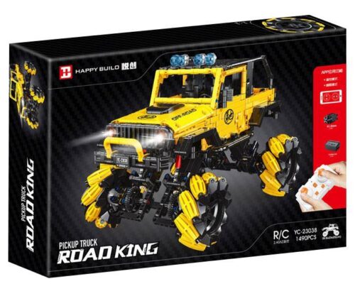 Hộp sản phẩm bộ lắp ráp xe bán tải địa hình Happy Build YC-23038 màu vàng, có điều khiển từ xa và bánh xe Mecanum độc đáo, phù hợp cho bé trai 8 tuổi.