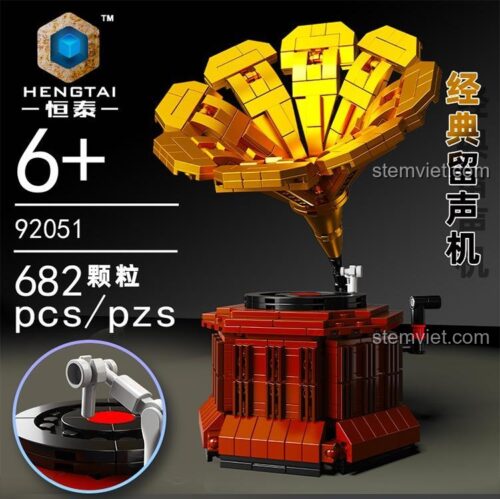 Kích thước chi tiết của bộ lắp ghép Máy hát đĩa than Hengtai 92051, cao 22cm, rộng 16cm, phù hợp cho bé trai và bé gái 6 tuổi.