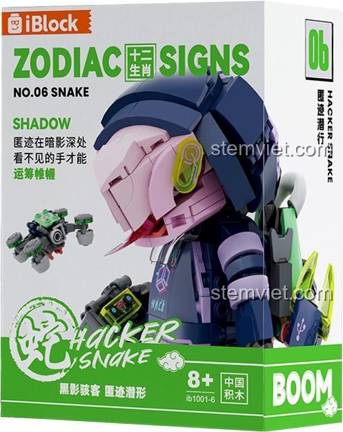 Hộp bộ lắp ghép iBlock ib1001-6 Rắn Bóng Đêm Hacker Zodiac, đồ chơi mô hình Rắn Phong Cách cho bé trai 8 tuổi. Hộp sản phẩm thể hiện rõ mã số và độ tuổi khuyến nghị.