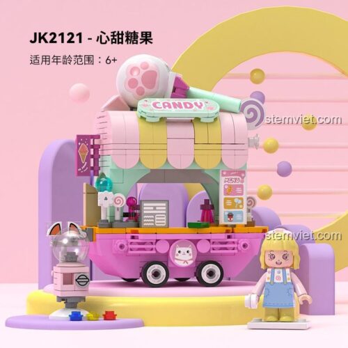 Hộp bộ lắp ghép Cửa hàng Kẹo Ngọt JAKI JK2121, đồ chơi lắp ráp phố kẹo ngọt cho bé gái 6 tuổi, màu sắc tươi sáng