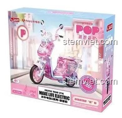 Hộp bộ lắp ghép Xe máy điện Tiểu Ngưu JAKI JK8326, hộp đồ chơi mô hình JAKI JK8326 Xe điện U Series City Ride màu hồng, giá tốt cho bé gái.