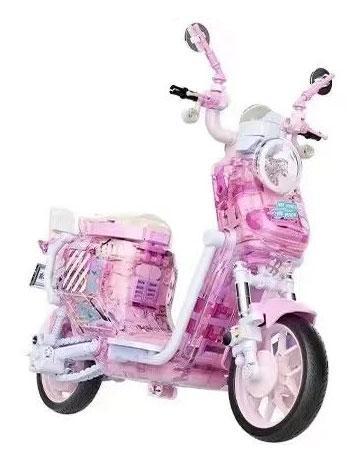 Mô hình Xe Scooter Điện Tiểu Ngưu JAKI JK8327 màu hồng trong suốt, đồ chơi mô hình cho bé gái 8 tuổi