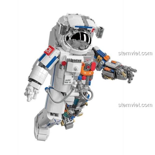 Mô hình phi hành gia bán cơ khí JAKI JK9106 sau khi lắp ráp, thiết kế bán cơ khí độc đáo và mũ tráng gương ấn tượng.