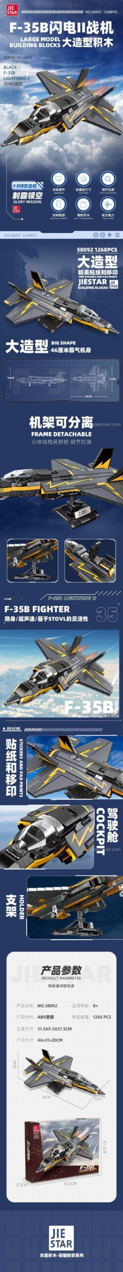 Poster thông tin chi tiết đồ chơi mô hình Tiêm kích F-35B 58092 với 1268 mảnh ghép.