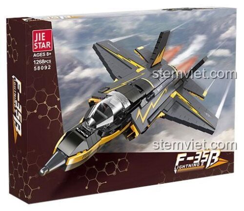 Hộp sản phẩm của bộ xếp hình JIESTAR 58092, hình ảnh máy bay F-35B đang bay lượn, thông tin 1268 chi tiết và độ tuổi 8+.