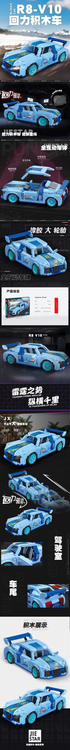 Thông tin chi tiết bộ lắp ráp JIESTAR 92013 Xe Đua R8-V10, 499 mảnh ghép, kích thước mô hình và hộp, chất lượng cao, đáng tiền.