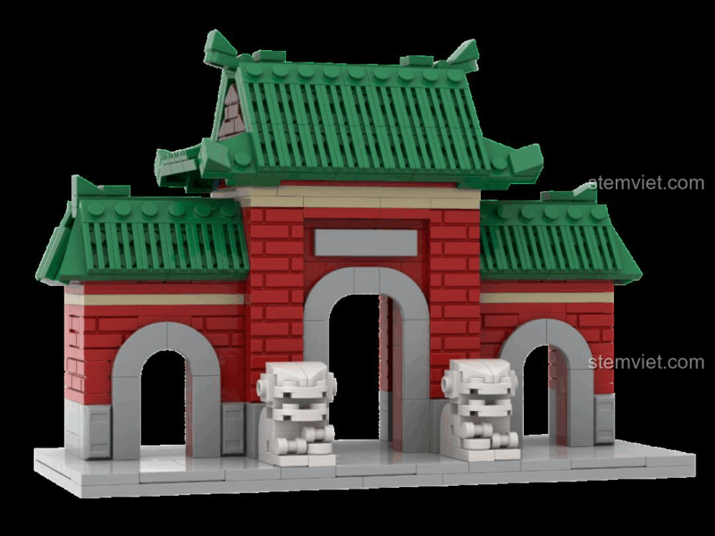 Minifigure học sinh đứng trên Cầu Chấp Tín và nhìn về phía cổng trường, tạo nên một câu chuyện đầy ký ức.