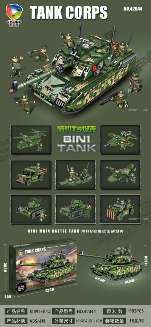 Chi tiết các mô hình của bộ đồ chơi Xe tăng quân sự 42044, bao gồm 8 mẫu nhỏ và 1 mẫu lớn kết hợp.