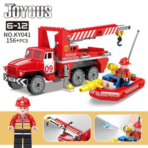 Bộ lắp ghép xe cứu hỏa cứu hộ KAZI KY041 cho bé trai 6 tuổi, giá rẻ. Bao gồm xe tải cứu hỏa có cần cẩu và thuyền cứu hộ.